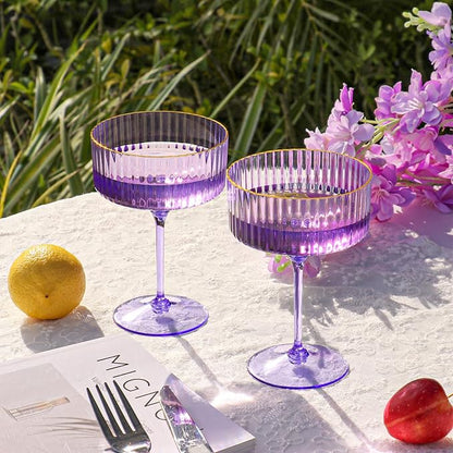 12 PCS Ribbed Coupe Glasses Purple Plastic Champagne Coupe Cup 10oz Detachable Gold Rim Espresso Martini Glass Vintage Margarita Glassware Cocktail Glass Disposable for Halloween Bridal Showers