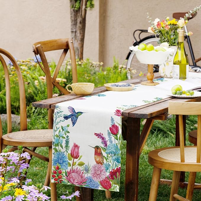 Summer Hummingbirds Floral Table Runner Green Leave Burlap Table Runners - Image 8