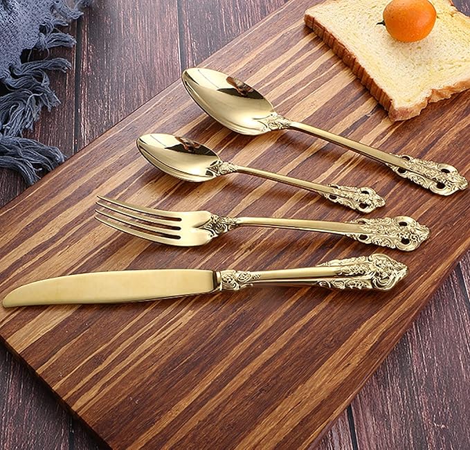 Gold Silverware Set 18/10 Stainless Steel Flatware Sets Palace Style 40 Piece Delicate Cutlery Set for 10 Durable Home Kitchen Wedding Tableware Utensil Include Knifes Teaspoons Forks and Spoons