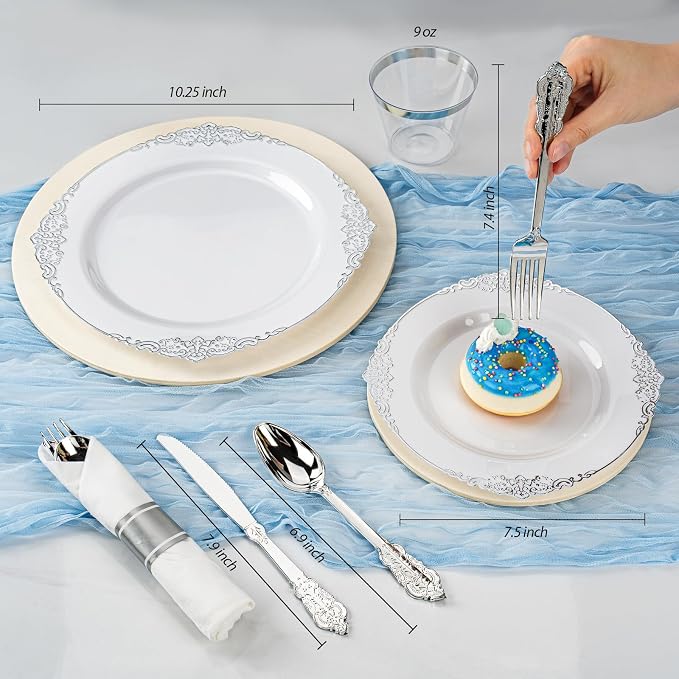 Bestluck 175PCS White Silver Disposable Dinnerware - Image 2