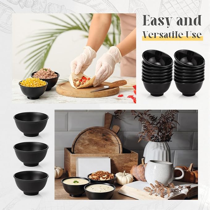 Tioncy 20 Pack 10 oz Melamine Bowls Black Round Dessert Bowls Set - Image 4