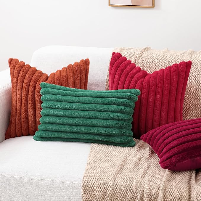decorUhome Cozy Faux Fur Spring Throw Pillow Covers 16x16 Set of 2 Decorative Soft Plush Striped Modern Farmhouse Boho Couch Pillow Cases with Velvet Back for Sofa Bed Living Room, Red