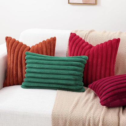decorUhome Cozy Faux Fur Spring Throw Pillow Covers 16x16 Set of 2 Decorative Soft Plush Striped Modern Farmhouse Boho Couch Pillow Cases with Velvet Back for Sofa Bed Living Room, Red