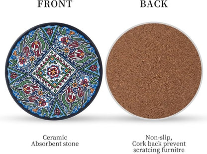 Coasters Absorbent Ceramic Coaster Drink Coasters with Cork Back Turkish Pattern Set of 6 Round Coaster Non Slip for Coffee Table Wine Glass Home Bar 4 Inch, Colorful