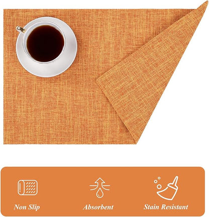 SHACOS Fall Placemats Set of 4 Washable Cloth Double Layer Thick Faux Linen Fabric Table Place Mats Non Slip Table Mats for Thanksgiving Indoor Outdoor, Orange