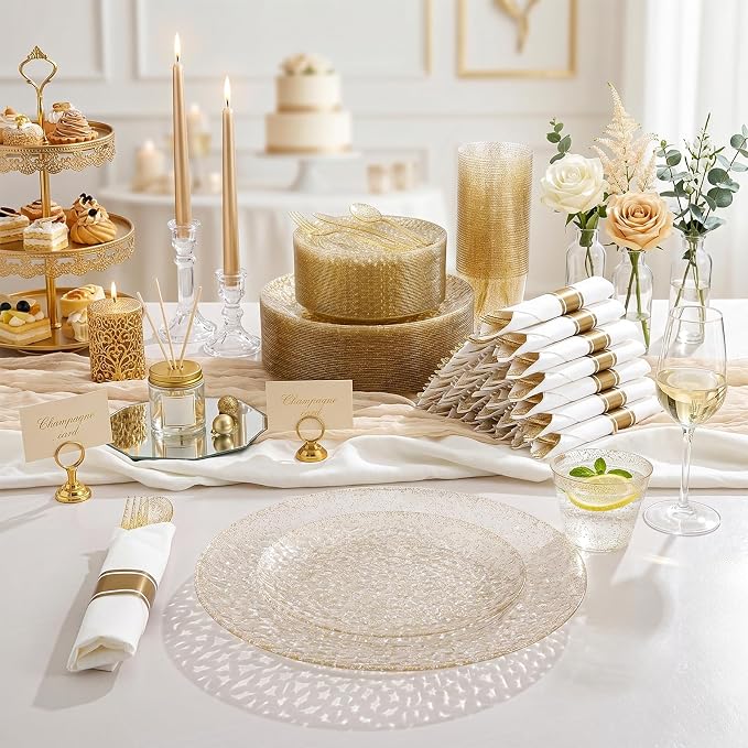 Rubtlamp 700Pcs Gold Glitter Plastic Dinnerware Set, Hammered Clear Plates - Image 5