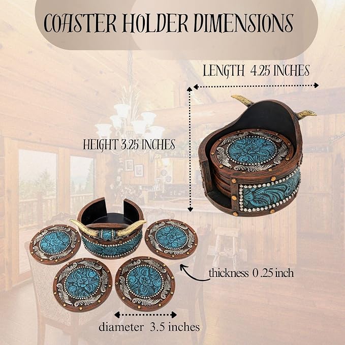 BestGiftEver Rustic Southwestern Coasters Set | Faux Horn & Tooled - Image 3