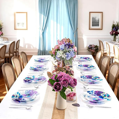 DaYammi 20Pcs Purple Plastic Plates with Watercolor Floral Plates Heavy duty Watercolor floral Plastic Plate 10.25 inch Dinner plates and 7.5 inch Dessert plates for Valentine's Day Party Wedding