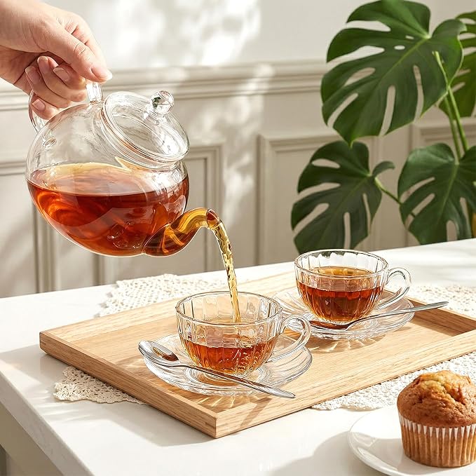 Noamus 6 Pack Glass Teacup and Saucer&Spoons Set, 5Oz/150ml Clear Coffee Mugs - Image 4