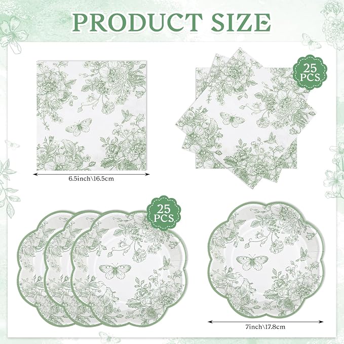 50 Pcs Sage Green Floral Plates and Napkins, Paper Floral Party Supplies | - Image 3