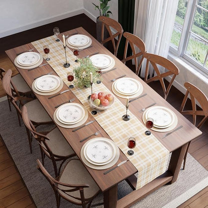 Encasa XO Table Runner, Woven Cotton Dining Runner 13"x120" Franca Beige Checks - Image 5