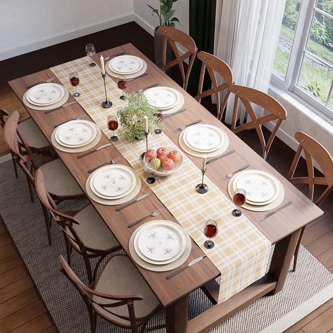 Encasa XO Table Runner, Woven Cotton Dining Runner 13"x59" Franca Beige Checks - Image 5