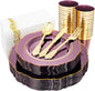 KIRE 210Pcs Purple Plastic Plates with Gold Rim& Silverware &Cups&Hand Napkin - Baroque Clear Plastic Dinnerware for Upscale Wedding/Parties Plates