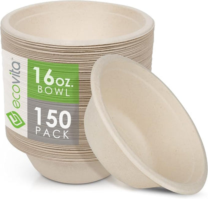 100% Compostable Paper Bowls – 150 Disposable Bowls Eco Friendly Sturdy Tree by Ecovita