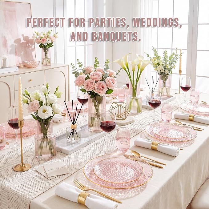 Rubtlamp 60Pcs Pink Plastic Plates, Hammered Gold Plates Include 30Pink Plastic - Image 4
