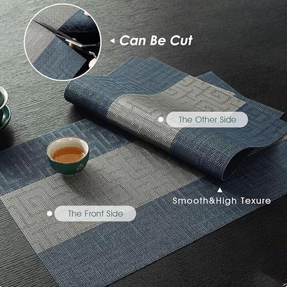 FAVE Placemats Set of 8 Indigo Blue Woven with Gray Placemats Durable and Wipeable Vinyl Placemats Heat Resistant Table Mats Set of 8 for Wedding, Banquet, Birthday, Party, Restaurant (Indigo Blue)