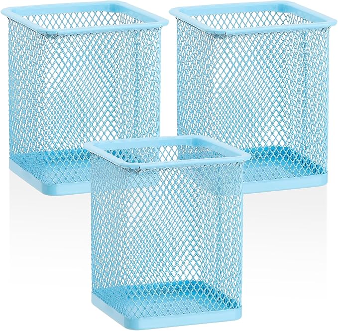 Segarty Pen Holder for Desk, 3 Pack Square Light Blue Pencil Holder, Wire Mesh by Segarty