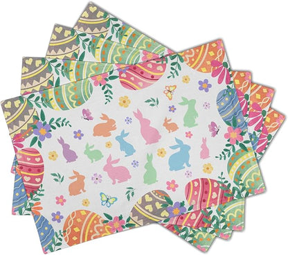 Easter Placemats Set of 4 Colorful Eggs Flowers Easter Bunny Rabbits Heat Resistant Washable Spring Seasonal Table Mats 12x18 Inch for Holiday Party Kitchen Dining Decoration