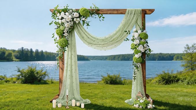 Pearl Table Runner Gauze Sheer 19FT Wedding Draping Fabric Decor | Sage Green - Image 2