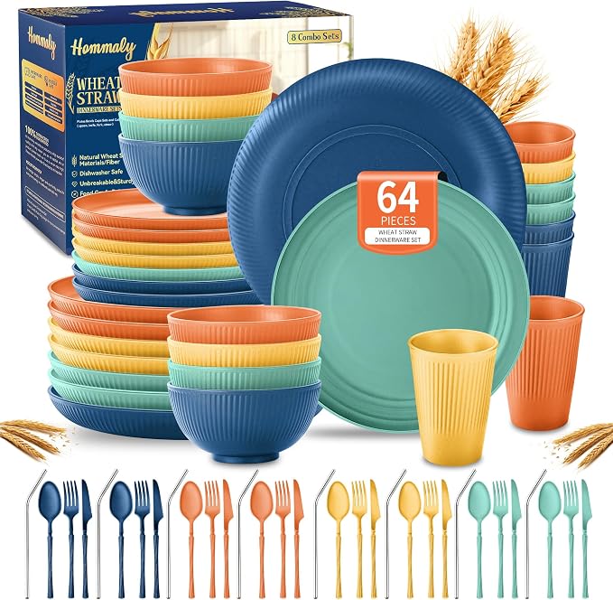 Wheat Straw Dinnerware Sets, 64-Piece Plates and Bowls Sets by HOMMALY