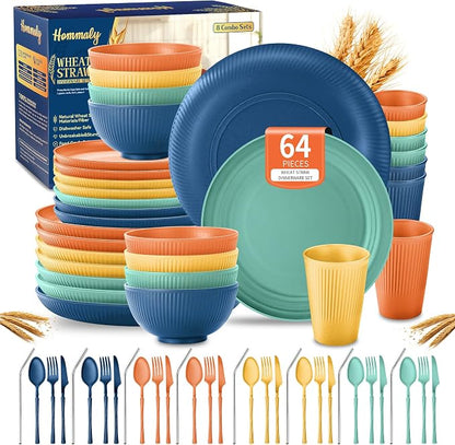 Wheat Straw Dinnerware Sets, 64-Piece Plates and Bowls Sets by HOMMALY
