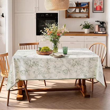 jinchan Green Floral Linen Rectangle Table Cloth 50 x 84 Inch | Natural - Image 6