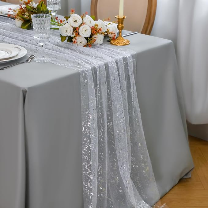 Snowkingdom 6 Pcs 10 FT Silver White Cheesecloth Table Runner Sheer Chiffon - Image 2