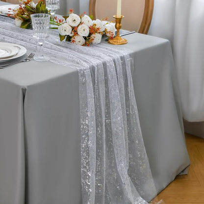 Snowkingdom 6 Pcs 10 FT Silver White Cheesecloth Table Runner Sheer Chiffon - Image 2