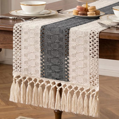 Boho Macrame Table Runner with Tassels 48in Grey Farmhouse Runner | Macrame by Xiomot