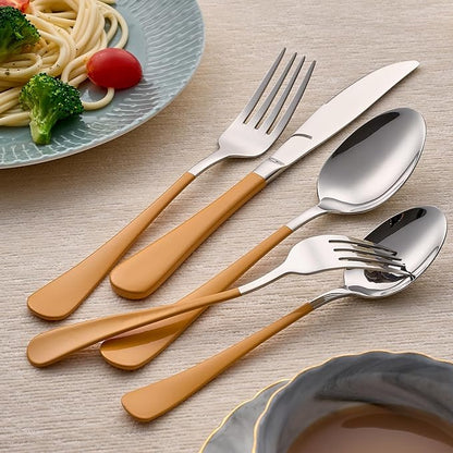 20-Piece Orange Silverware Set 18/0 Stainless Steel Silverware Set Orange Handle Cutlery Set Service for 4 Dinner Knives Forks Spoons Set Flatware Set Finish Dishwasher Safe