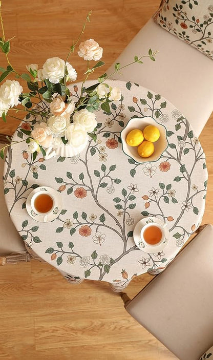 ISAENNE Designer Floral Round Tablecloth,French Linen Light Beige Indoor Table Cloth,Fall Wrinkle Resistant Decor Tablecloths for Dining Thanksgiving Kitchen Party,Diameter 67"-Flora A