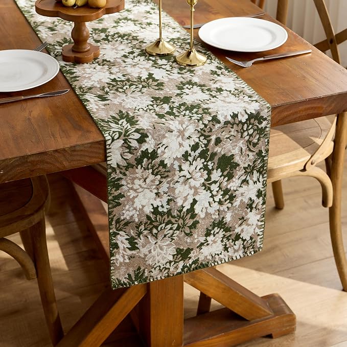 ORTIGIA Vintage Floral Table Runner, Boho Chenille Green and Taupe Farmhouse - Image 4
