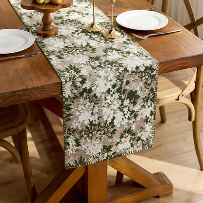 ORTIGIA Vintage Floral Table Runner, Boho Chenille Green and Taupe Farmhouse - Image 4
