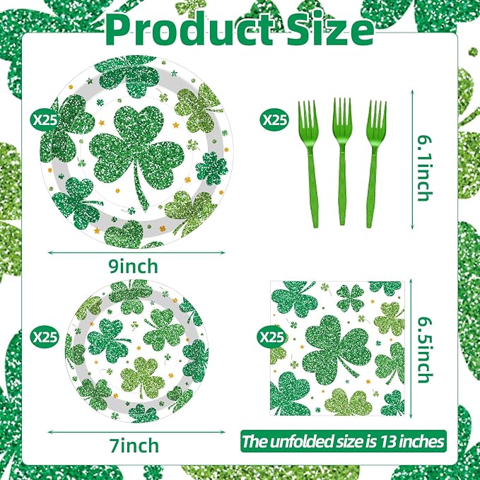 100 Pcs St. Patrick’s Day Shamrock Tableware Party Supplies Set, Serves 25 – - Image 2