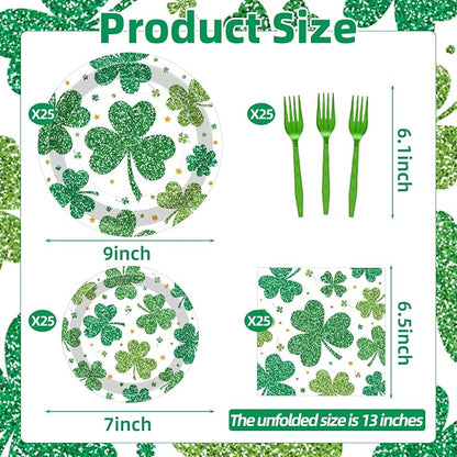 100 Pcs St. Patrick’s Day Shamrock Tableware Party Supplies Set, Serves 25 – - Image 2