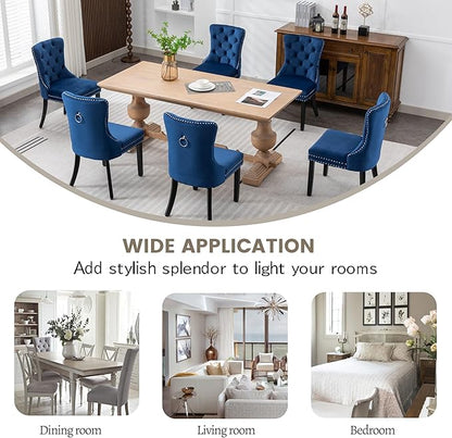 KCC Velvet Dining Chairs Set of 2, Upholstered High-end Tufted Dining Room Chair with Nailhead Back Ring Pull Trim Solid Wood Legs, Nikki Collection Modern Style for Kitchen, Blue