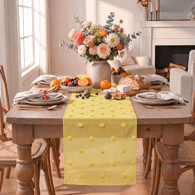 Artoid Mode Light Yellow Pom Pom Tulle Table Runner, Seasonal Spring Summer - Image 2