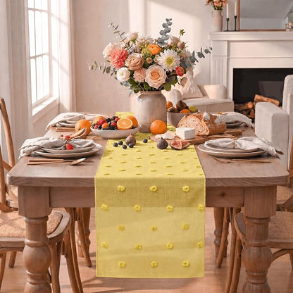 Artoid Mode Light Yellow Pom Pom Tulle Table Runner, Seasonal Spring Summer - Image 2