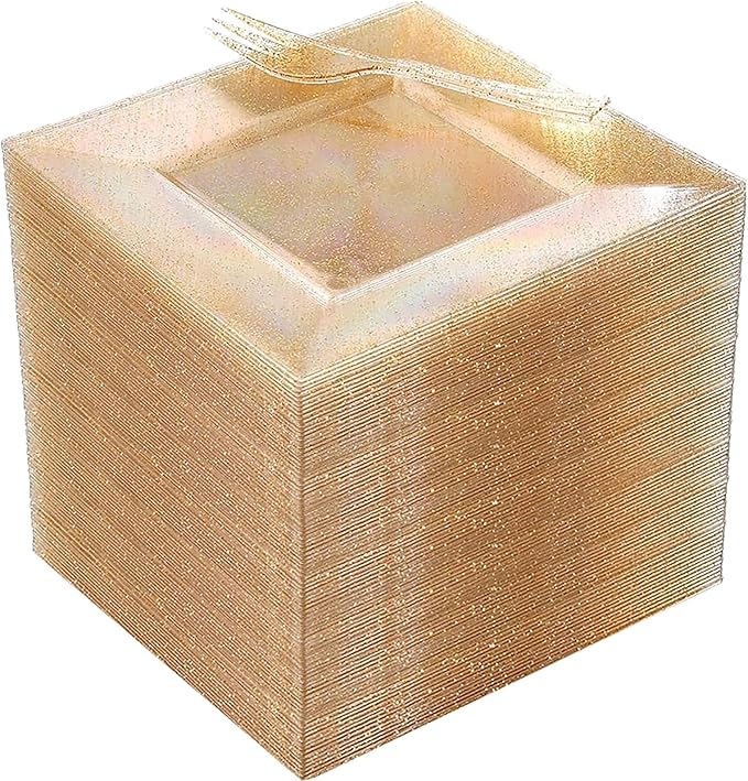DaYammi 200Pcs Gold Dessert Plates Including 100Pcs Appetizer Plates 6",100Pcs Plastic Forks 5.7",Gold Glitter Plastic Square Plate for Party,Gold Salad Plate and Cake Forks for Party Wedding