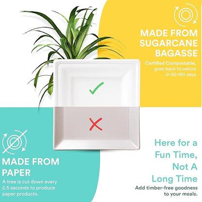 ECO SOUL Compostable Square Paper Plates 6 Inch (100 Count) Small Plates for Dessert, Heavy Duty, Eco-Friendly Sugarcane Bagasse For Appetizer- White