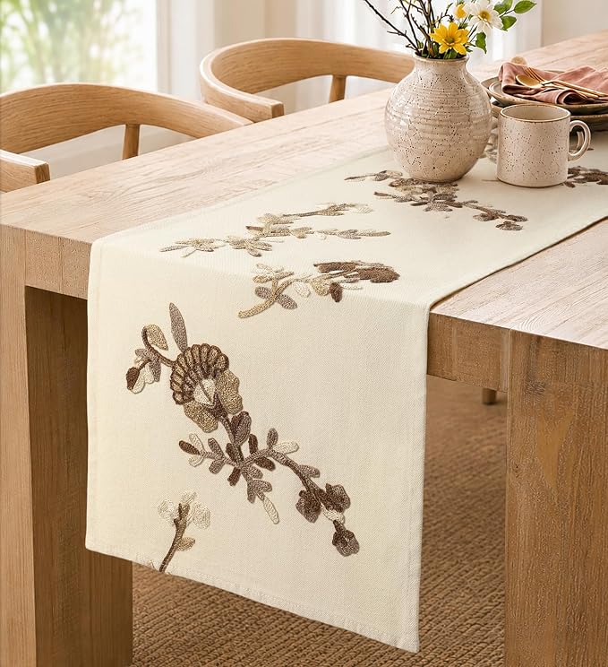 Embroidered Canvas 13"x 72" Narrow Table Runner, Dried Flower | Exquisite by MuseHaus