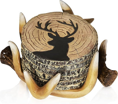 Deer Antlers Coaster Set of 6 – Handcrafted Deer Antler Decor and Man Cave Gifts for Men - 6 Full Size Deer Antlers Coasters for Man Cave Décor