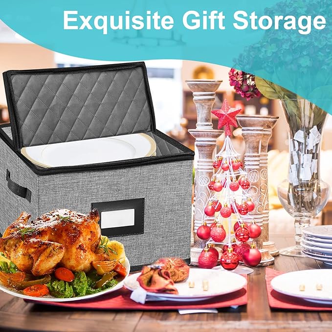 China Storage Containers-4PACK Quilted Dish Storage Containers with Lid Hard Shell for Moving Transport, Dinnerware,Stackable Plate Storage,24 Felt Plate Dividers Included,12 * 12 * 8in