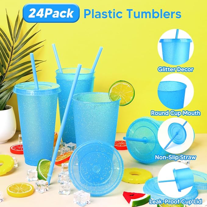 24 Pack Plastic Tumblers with Lids and Straws, Reusable Colorful Cups - Image 3