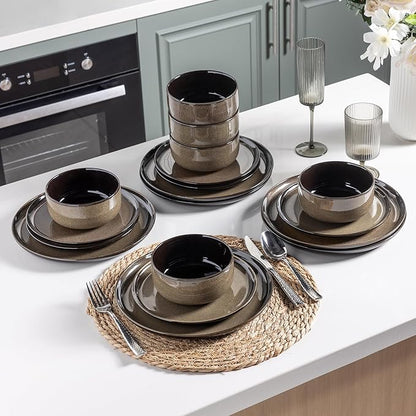 LeRatio Ceramic Dinnerware Sets for 6,Poreclain Plates and Bowls Sets,Handmade Reactive Glaze Dishes Set,Chip Resistant and Scratch Resistant | Oven&Dishwasher & Microwave Safe-Chestnut(18PCS)