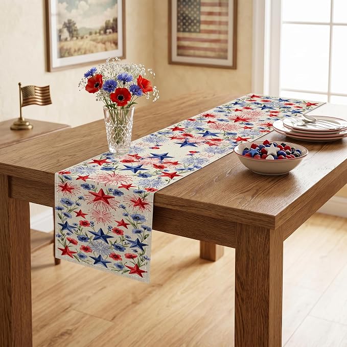 Patriotic Stars Table Runner Independence Day Linen Style Celebration Design - Image 5