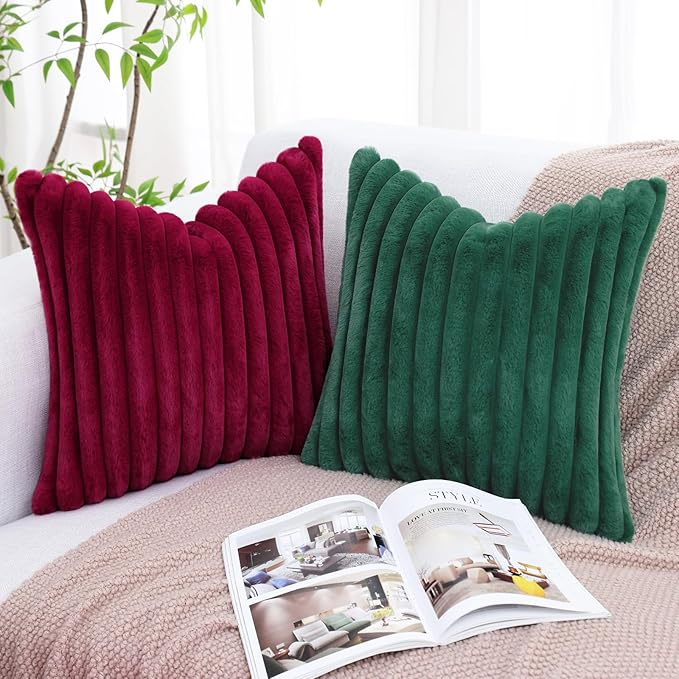 decorUhome Cozy Faux Fur Spring Throw Pillow Covers 18x18 Set of 2 Decorative Soft Plush Striped Modern Farmhouse Boho Couch Pillow Cases with Velvet Back for Sofa Bed Living Room, Christmas Green