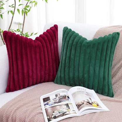 decorUhome Cozy Faux Fur Throw Pillow Covers 12x20 Set of 2 Decorative Soft Plush Striped Lumbar Modern Farmhouse Boho Couch Pillow Cases with Velvet Back for Sofa Bed Living Room, Christmas Green