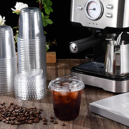 Baderke 100 Pcs Plastic Cups with Sip Lids Round Bottom Disposable Plastic Coffee Cups with Lids Clear Strawless Crystal Mugs for Iced Coffee Smoothie Cold Beverage Party Catering Supplies (12 oz)
