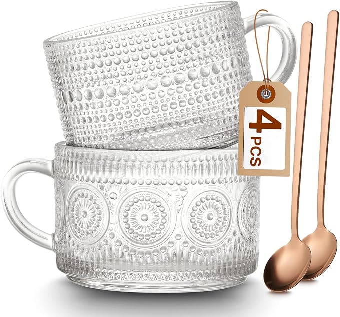 Mfacoy Vintage Coffee Mugs Set of 2, 14 oz Embossed Glass Cups by Mfacoyisalifestylebrand